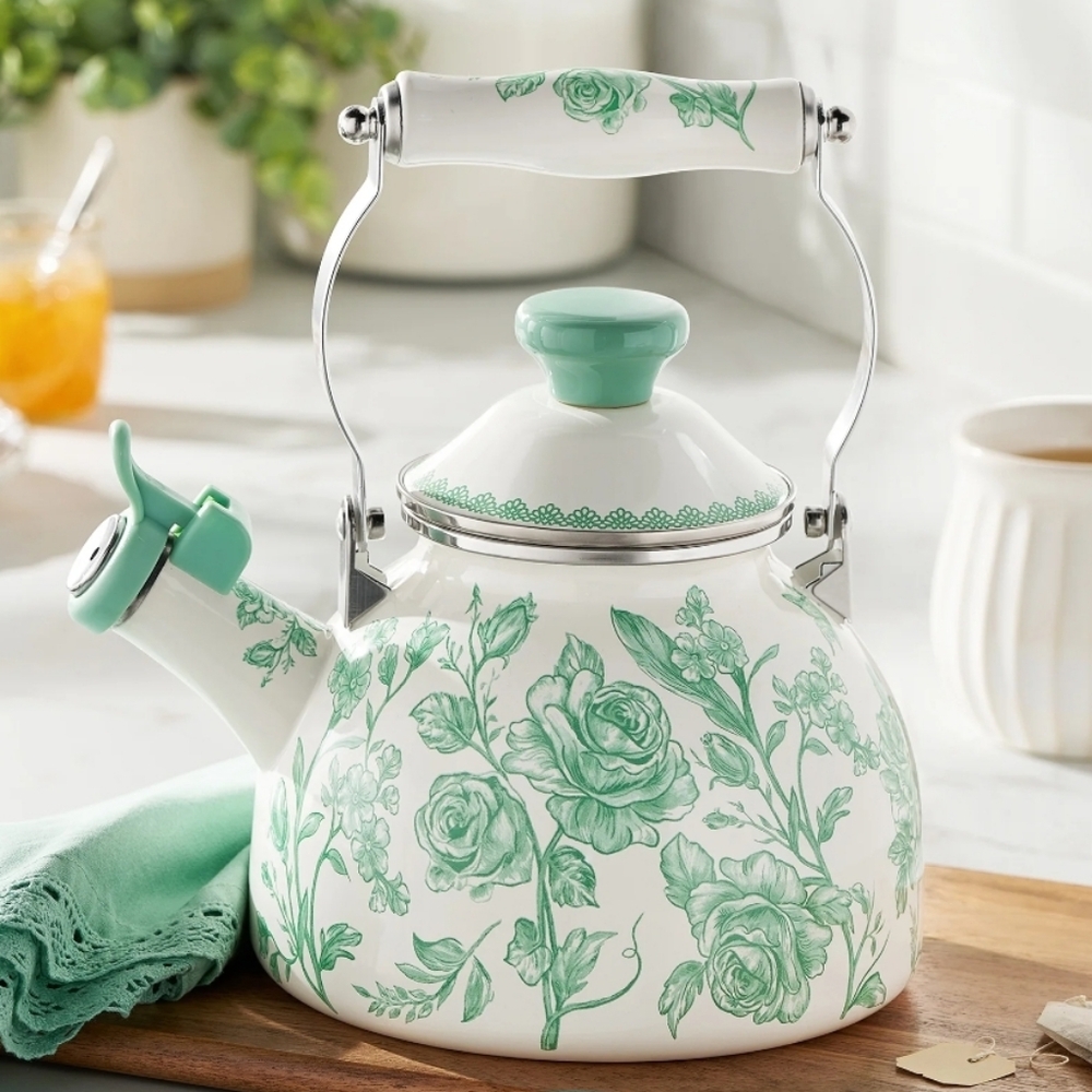 New The Pioneer Woman Agatha Green and White Floral Staineless Steel Tea Kettle